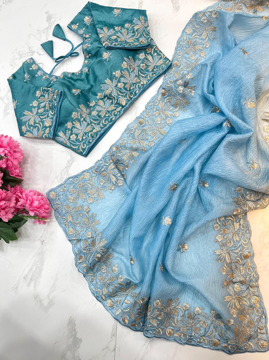 Premium Candy Crush Saree With Embroidery Thread Work & Fancy Border