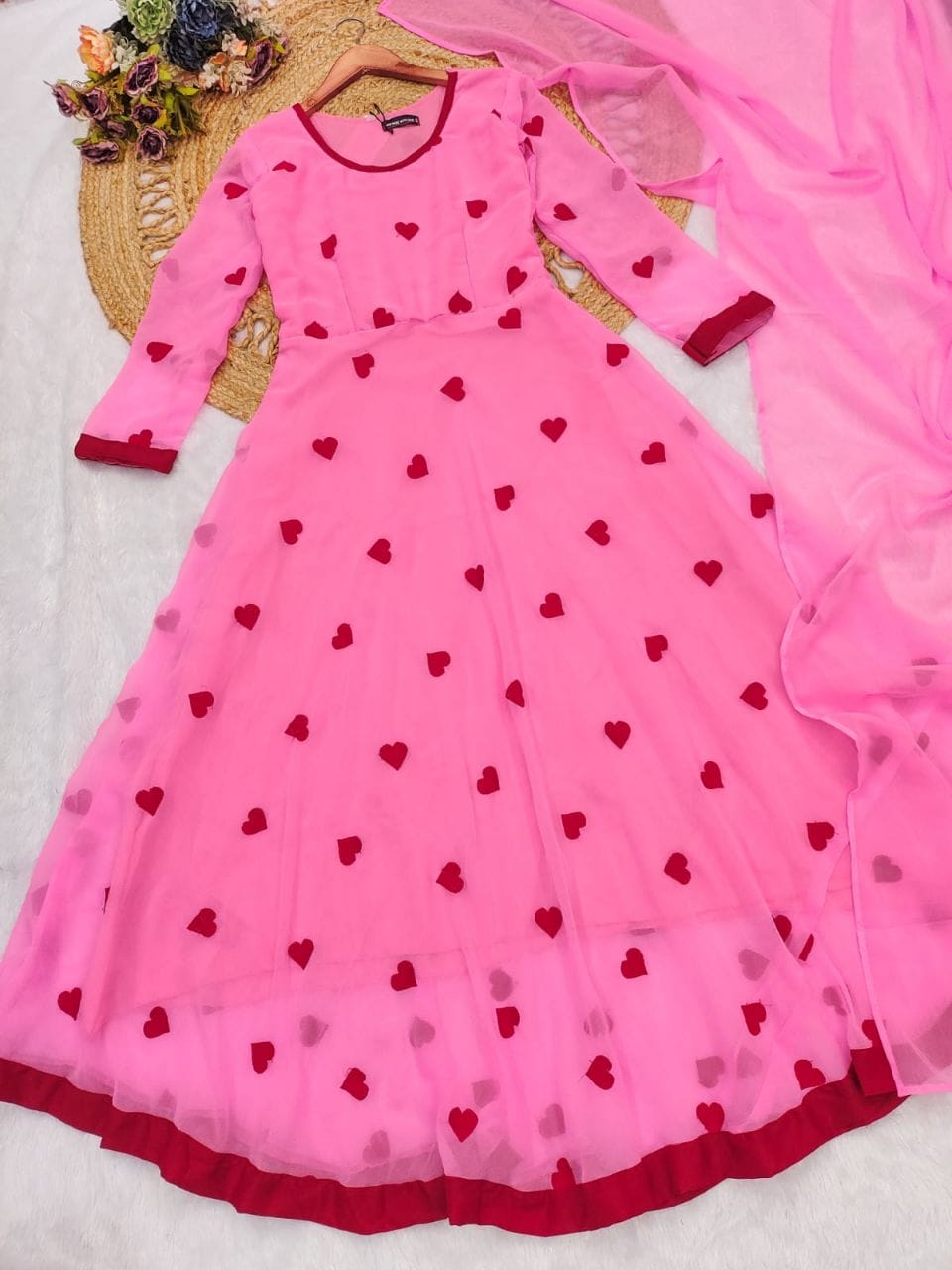 Premium Georgette Silk Umbrella Flair Style Kurti with Dupatta Lace Work