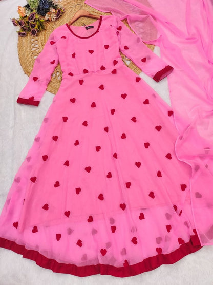 Premium Georgette Silk Umbrella Flair Style Kurti with Dupatta Lace Work