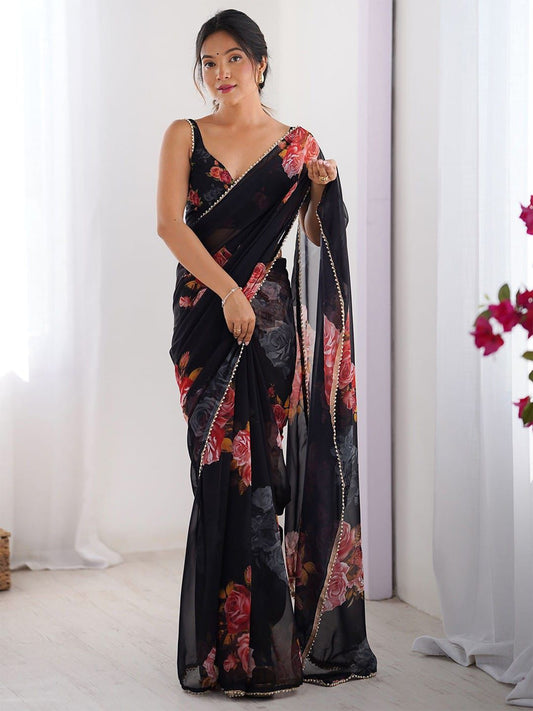 Celebrity Style Print Soft Georgette Silk Saree With Moti Lace Work Border