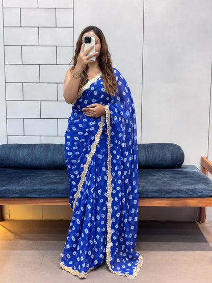 Special Soft Georgette Leheriya Bandhej Print Saree With Coding Embroidery Sequence Lace Work
