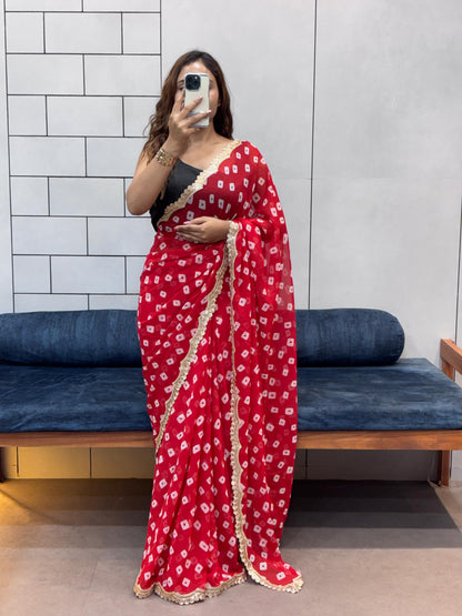 Special Soft Georgette Leheriya Bandhej Print Saree With Coding Embroidery Sequence Lace Work