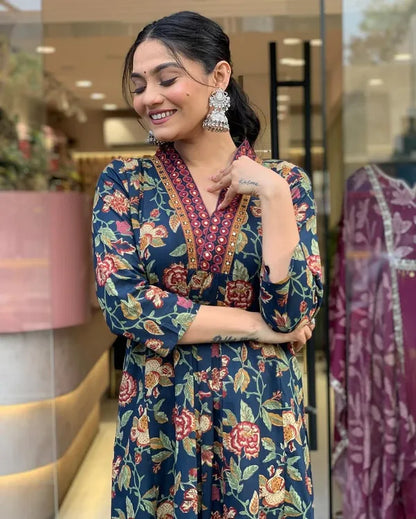 Blue Floral Printed Anarkali Kurta With Palazzo Pant And Dupatta