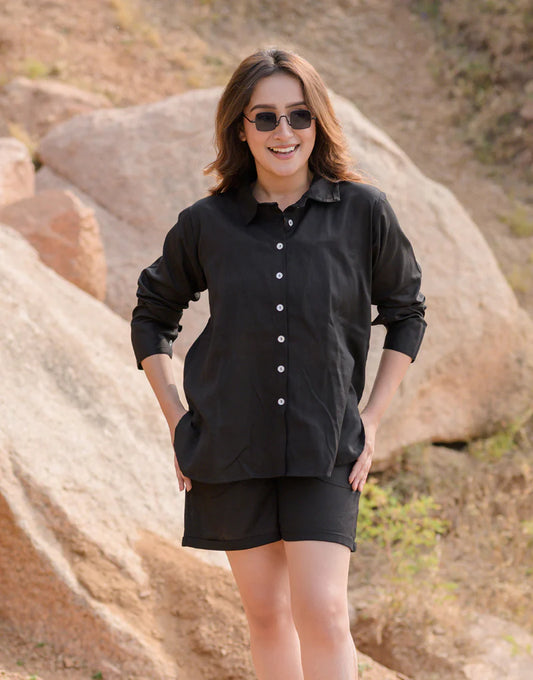 WOMEN'S CHARCOAL BLACK SOLID COTTON SHIRT WITH SHORTS. CO-ORDS SET