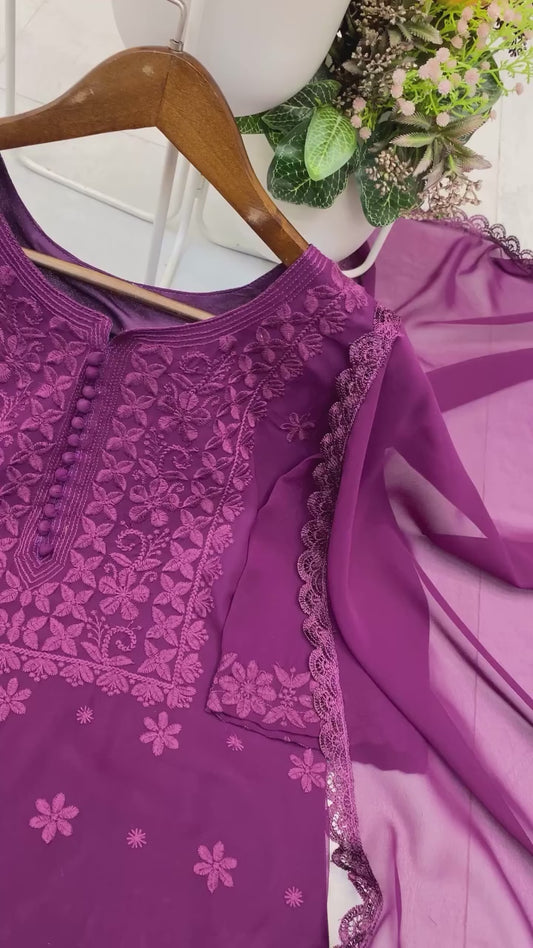 Stylish Fox Georgette Chikankari Embroidery & Lace Work Kurti Pant With Dupatta Set