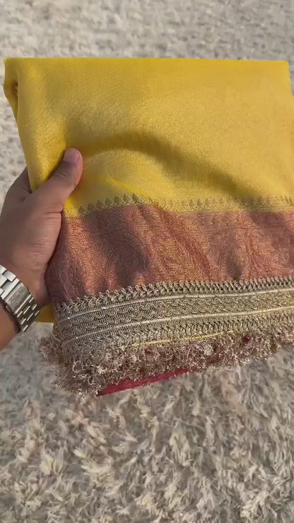 Premium Banarasi Maharani Katan Tissue Soft Silk Saree Dual Shade With Lace Work