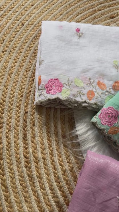 Breezy Pastel Floral Embroidered Crunchy Chiffon Saree