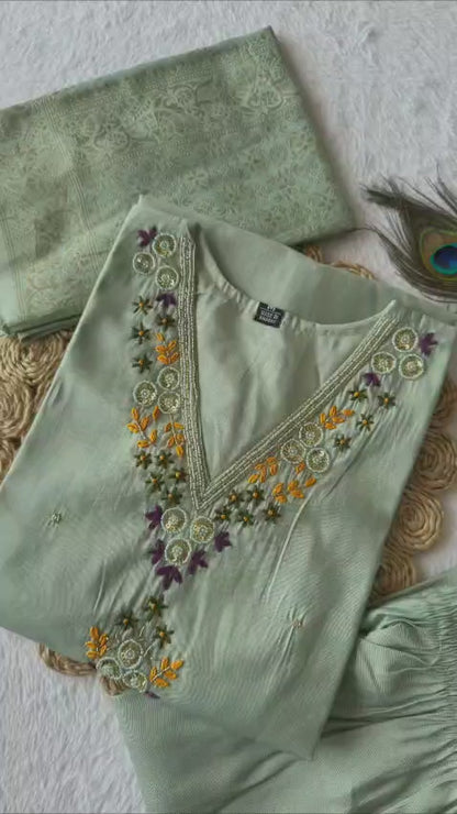 Premium Roman Silk Embroidery Thread Work Pista Kurta Pant With Dupatta Set
