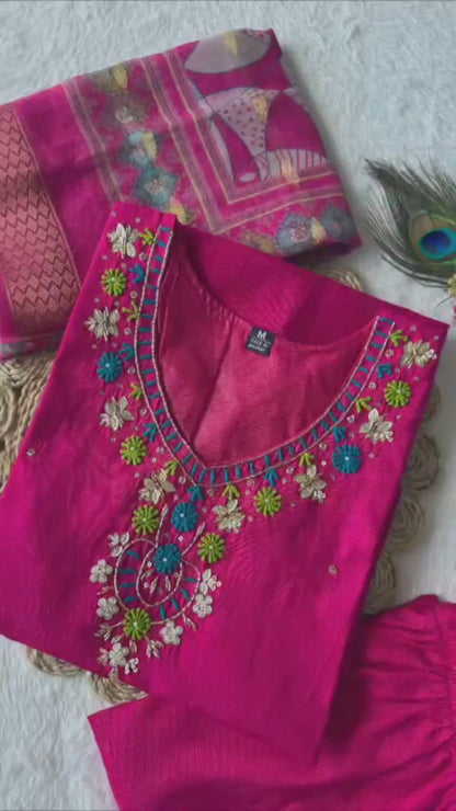 Pink Designer Premium Roman Silk Hand Work Kurti Pant With Dupatta Set