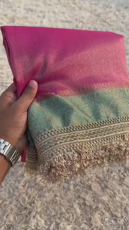 Premium Banarasi Maharani Katan Tissue Soft Silk Saree Dual Shade With Lace Work