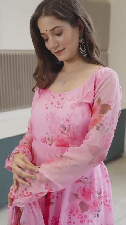 Pure Soft Lightweight Organza Floral Print Umbrella Gown Style Suit Set