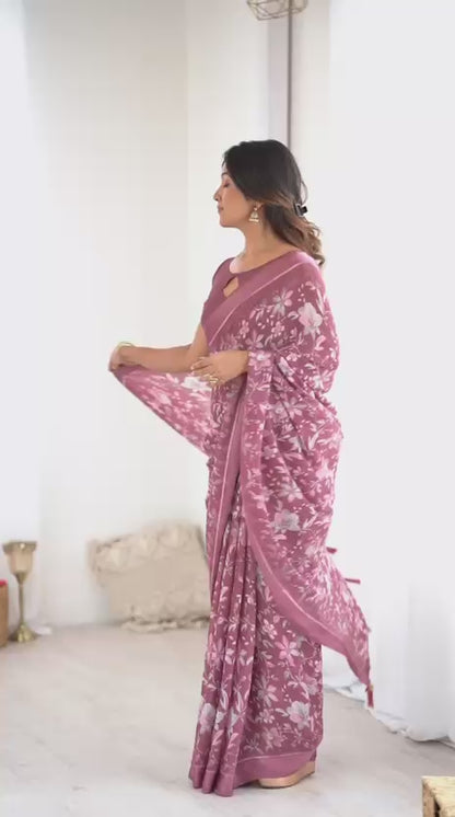Beautiful Trending Pastel Colours Bright Moss Satin Printed Saree