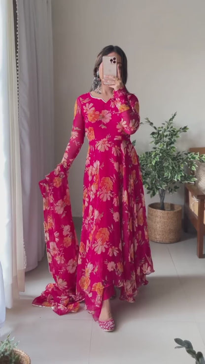 Floral Printed Premium Organza Gown With Dupatta with Lace Work