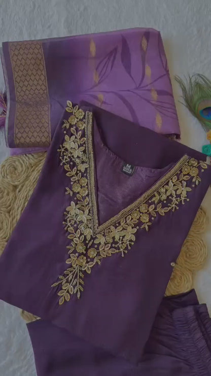 Designer Roman Silk Embroidery & Sequence Work Dark Purple Kurti Pant With Dupatta Set