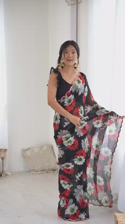 New Beautiful Print Soft Georgette Silk Saree With Mirror Work Border