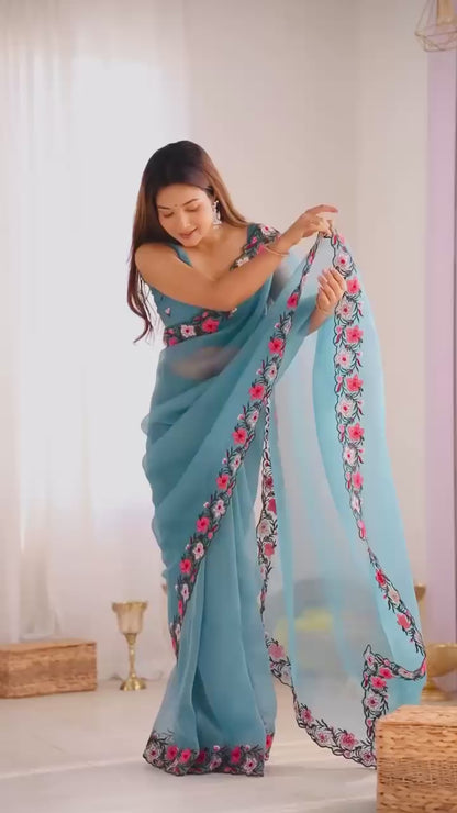 New Pastel Range Soft Faux Georgette Saree With Multi Thread Embroidery Work