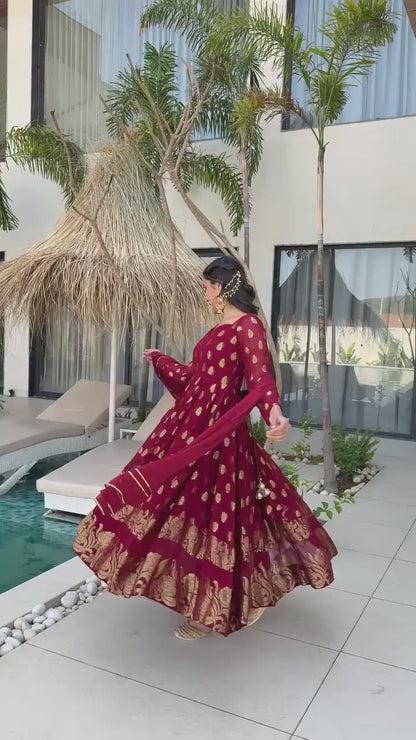 Designer Party & Wedding Wear Jacquard Faux Georgette Anarkali Gown Pant & Dupatta Set