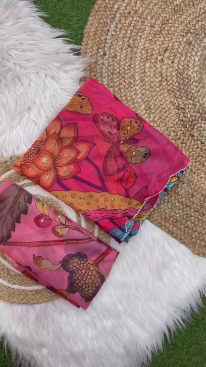 Celebrity Style Soft Tabby Silk Saree With Butterfly Print Moti Cut Dana Khatli Work