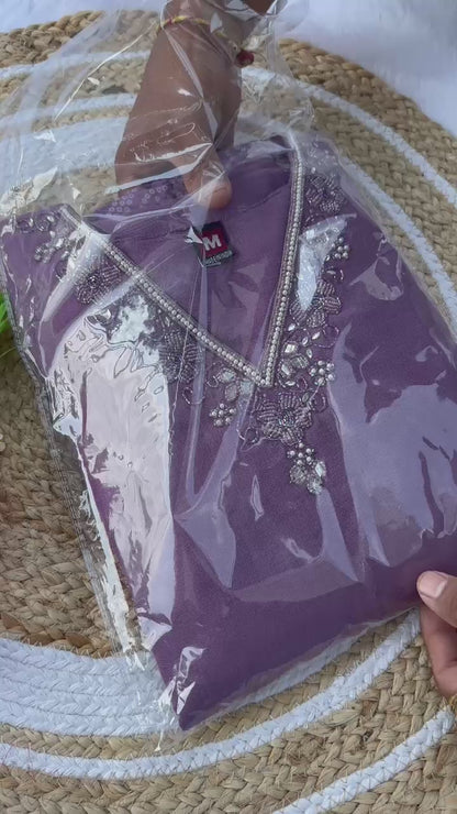 Lavender Designer Premium Roman Silk Hand Work Kurti Pant With Dupatta