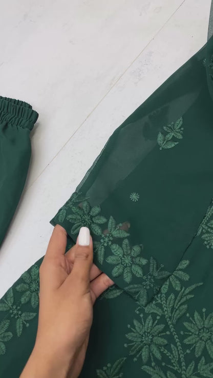 Stylish Fox Georgette Chikankari Embroidery & Lace Work Kurti Pant With Dupatta Set