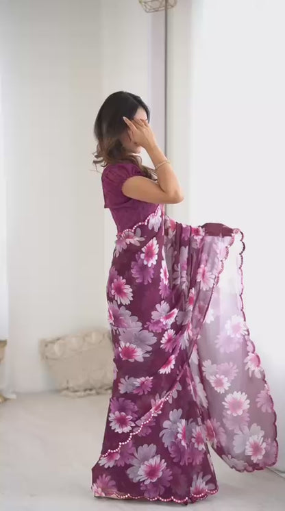 New Beautiful Print Soft Georgette Silk Saree With Mirror Work Border