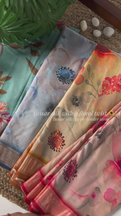 Pure Tussar Silk Floral Print Saree With Viscose Border