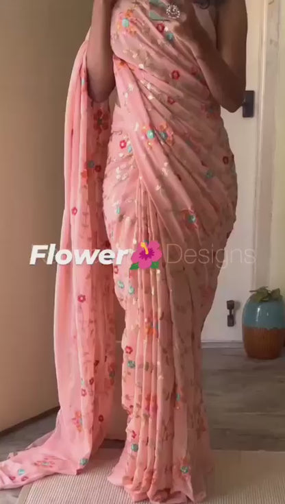 Stunning Premium Faux Georgette Saree With Sequins & Thread Embroidery Work
