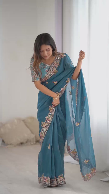 Premium Soft Crunchy Silk Saree With Embroidery Threads , Coding & Sequins Work