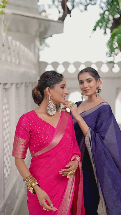 Traditional Stylish Pure Chinon Printed Saree With Zari Weaving Work