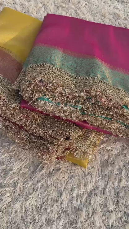 Premium Banarasi Maharani Katan Tissue Soft Silk Saree Dual Shade With Lace Work