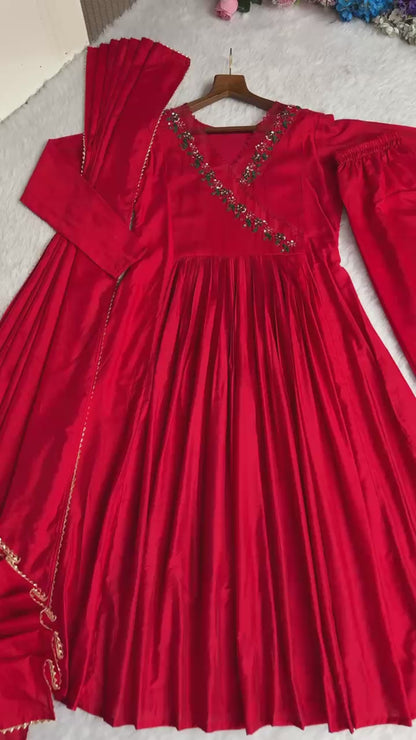 New Cherry Red Pure Mul Cotton Chanderi Gown Pant With Dupatta Set