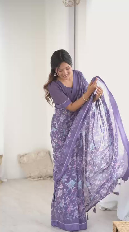 Beautiful Trending Pastel Colours Bright Moss Satin Printed Saree
