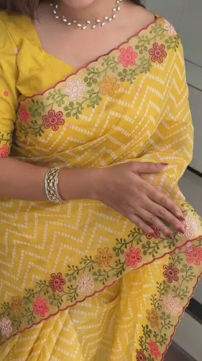 Special Bandhej Print Soft Cotton Satin Saree With Embroidery & Zari Work