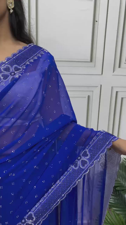 Stylish Soft Georgette Saree With Rich Diamond Silver Work Border