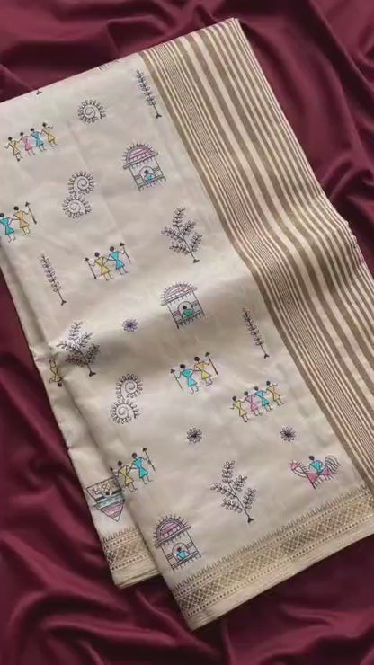 Pure Loom Tussar Saree With All Over Worli Embroidery Pattern & Copper Zari Border