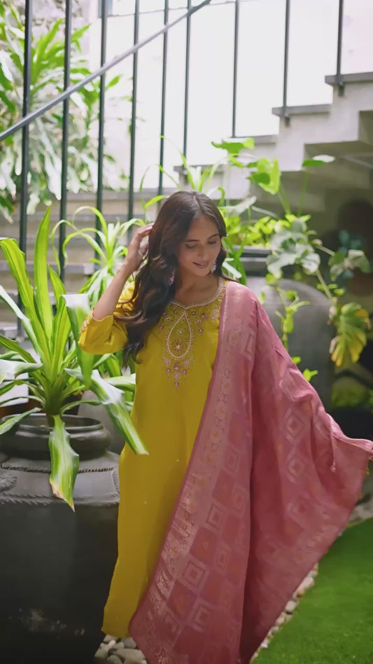 New Marina Silk Kurti With Embroidery Thread Hand Work With Pant & Dupatta Set