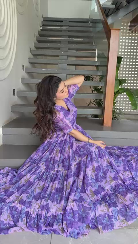 Fully Flair Fancy Faux Georgette Printed All Over Gown Dress