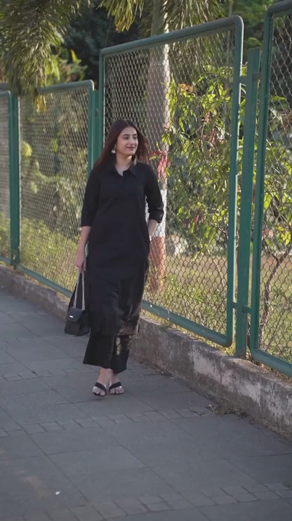 Collar Black Classic Soft Cotton Kurta With Pant