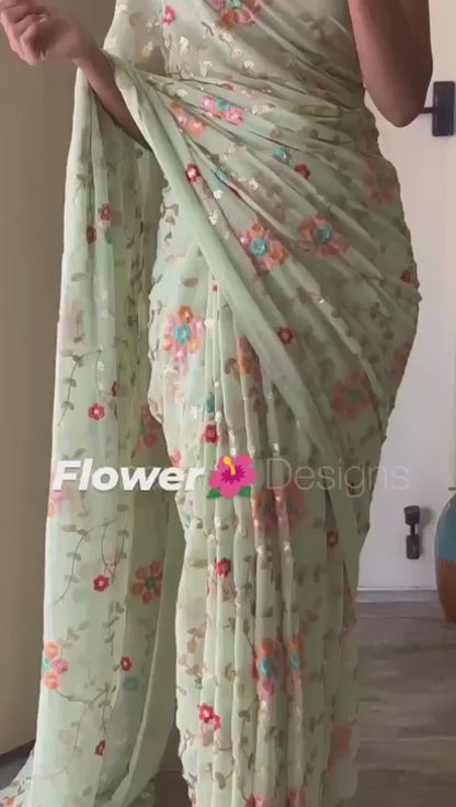 Stunning Premium Faux Georgette Saree With Sequins & Thread Embroidery Work