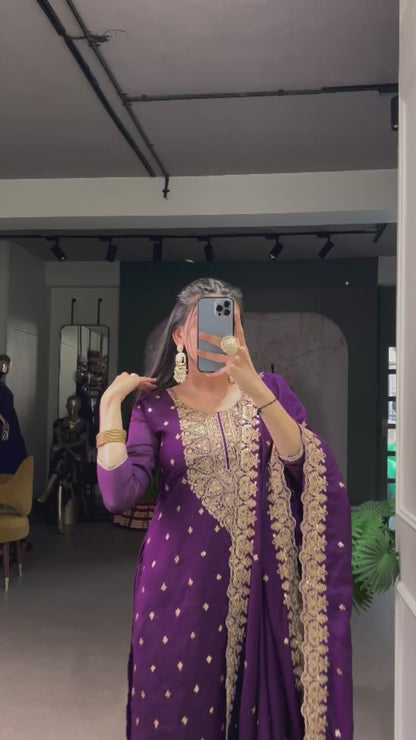 Rich Vichitra Silk Ethnic Dress With Sequins & Thread Embroidery Work