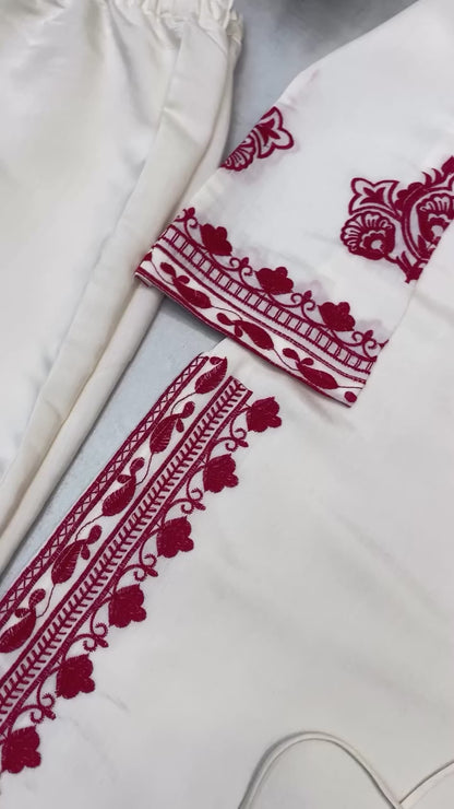 Exclusive Pure Roman Silk Heavy Embroidery Handwork Kurti Pant With Dupatta Set
