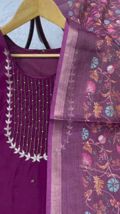 Premium Roman Silk Hand Work Dark Pink Kurti Pant With Dupatta Set