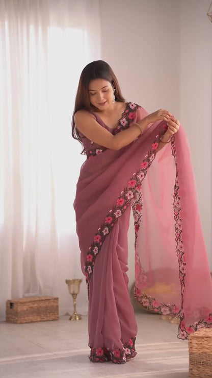 New Pastel Range Soft Faux Georgette Saree With Multi Thread Embroidery Work