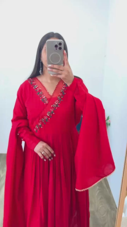 New Cherry Red Pure Mul Cotton Chanderi Gown Pant With Dupatta Set